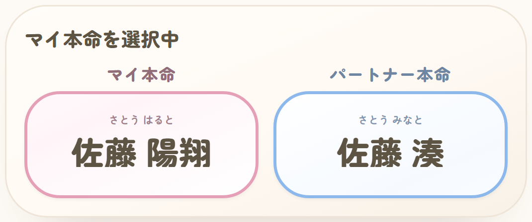 マイ本命とパートナー本命を並べて確認する画面